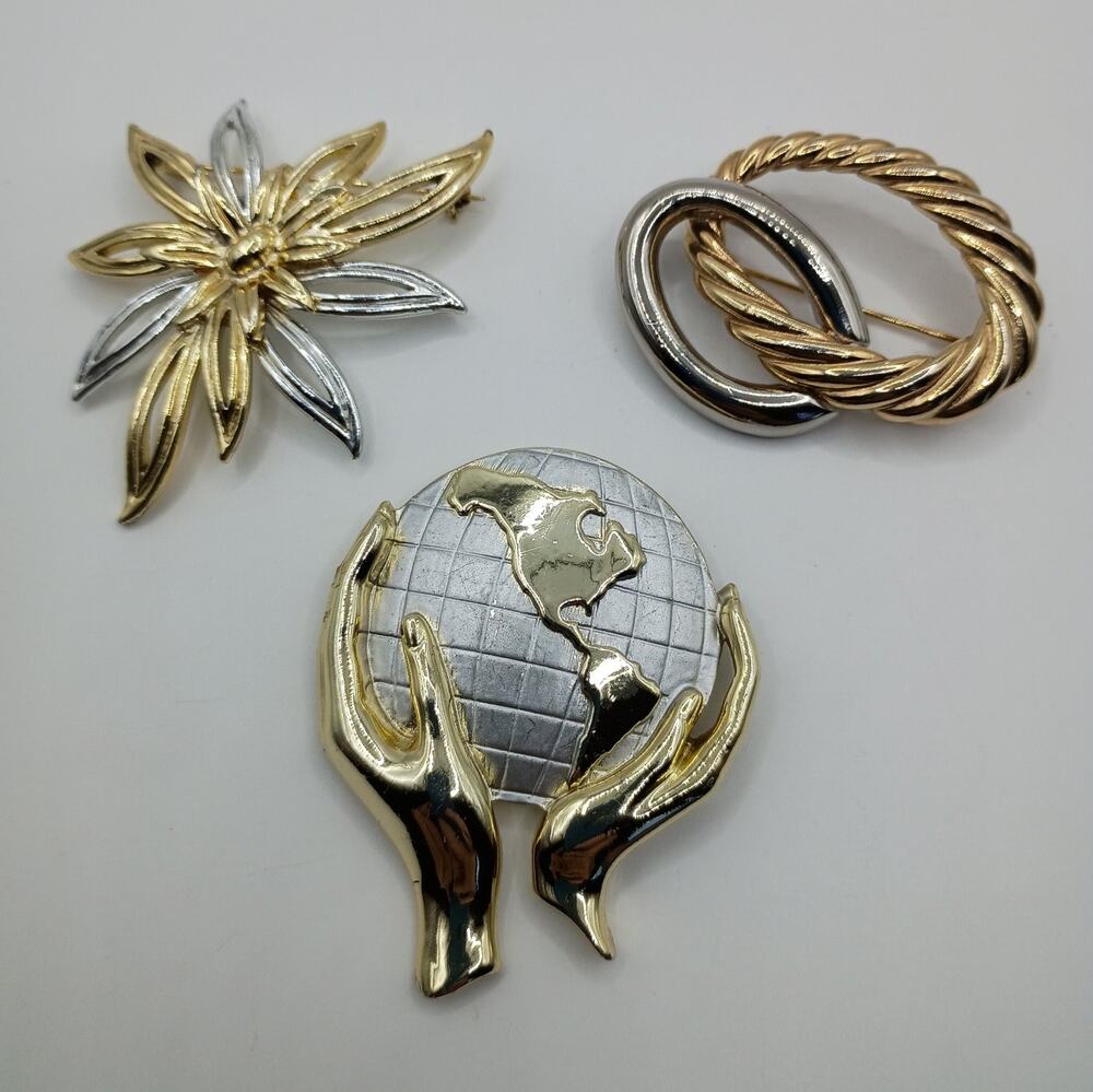 Vintage Two-Tone Brooch Lot - Floral, Interlocking Rings & Globe